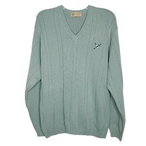 John Ashford Ribbed V Neck Golf Sweater XL Seafoam Green Embroidered Crest